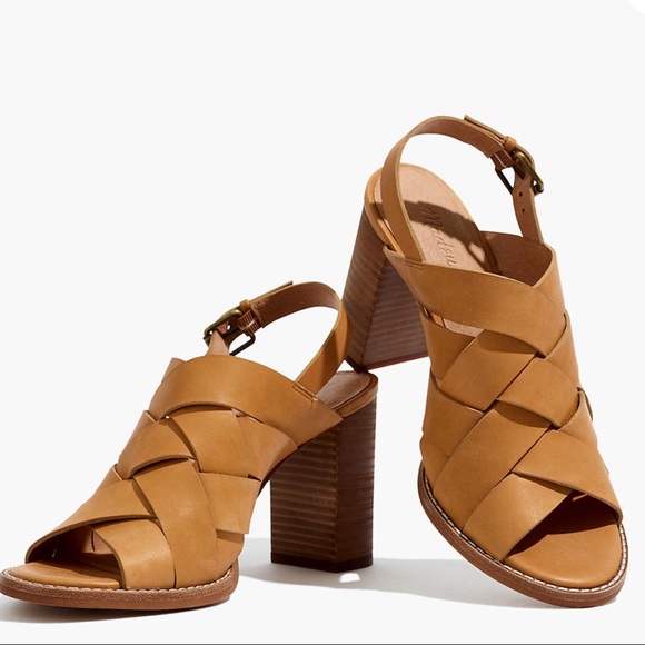 Madewell Shoes - MADEWELL The Cindy Woven High Heel Sandal in Tan Leather Strappy Buckle Size 10